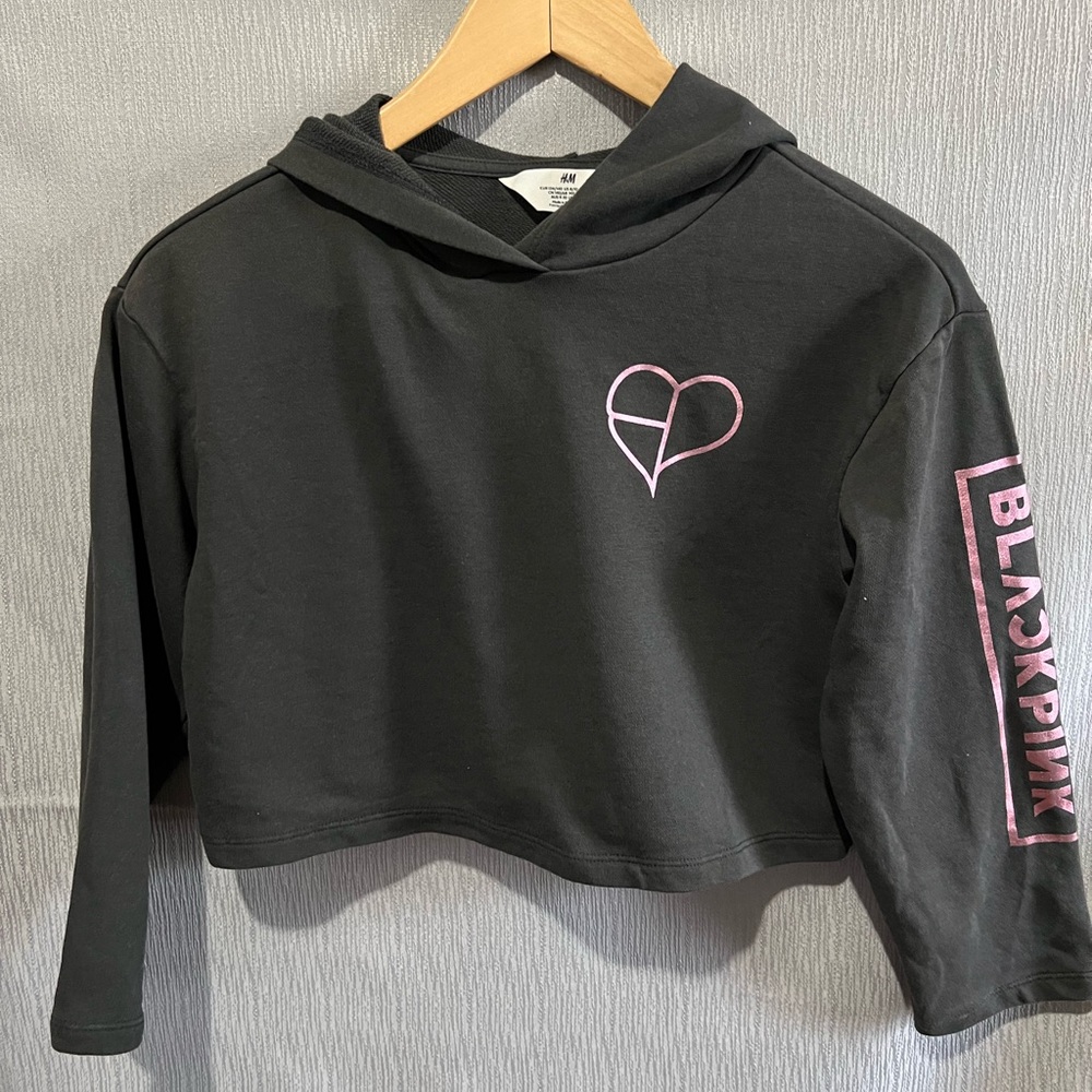 H&M Charcoal Hoodie with Pink Heart and Text